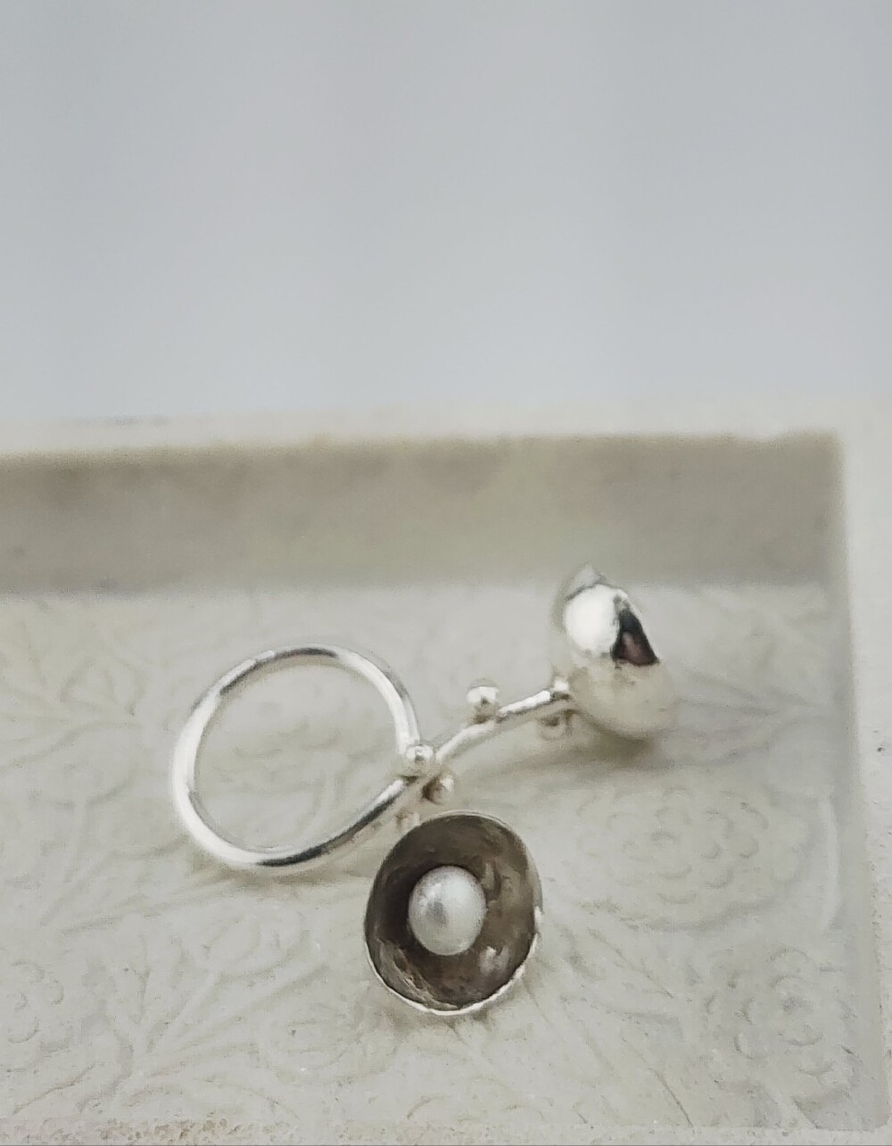 UNIQUE 2 FLOWER POT RING HANDMADE WITH STERLING SILVER AN A PEARL SIZE 8 - Picture 4 of 16